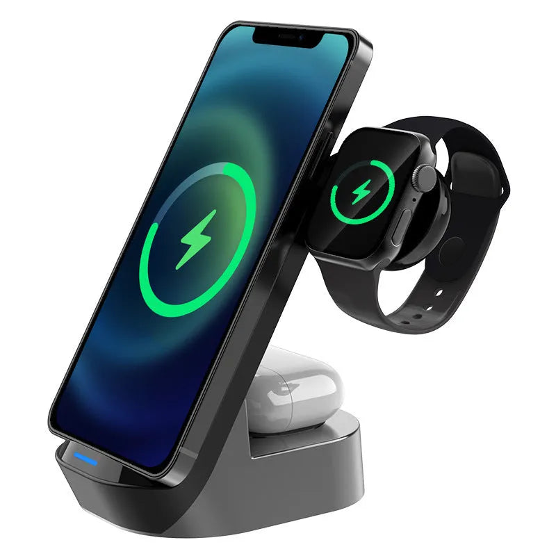 Black grey foldable 3-in-1 wireless charging stand showing phone upright, watch on dock, and headphones case charging.