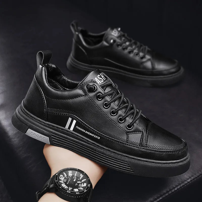 Men's black and white microfiber skateboard shoes with elastic band closure and rubber sole