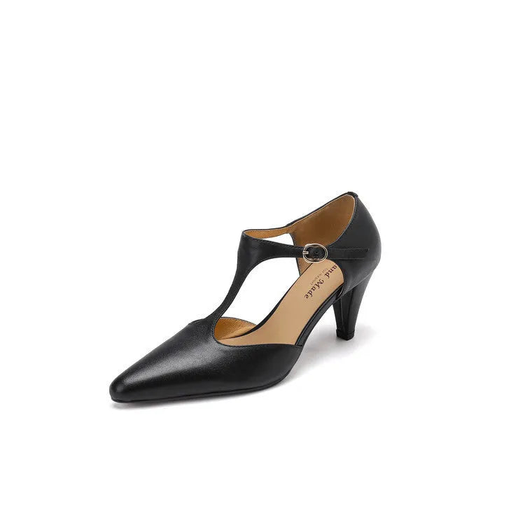 Brown retro women's T-strap sandals with a round toe, buckle closure, and a short stout heel.