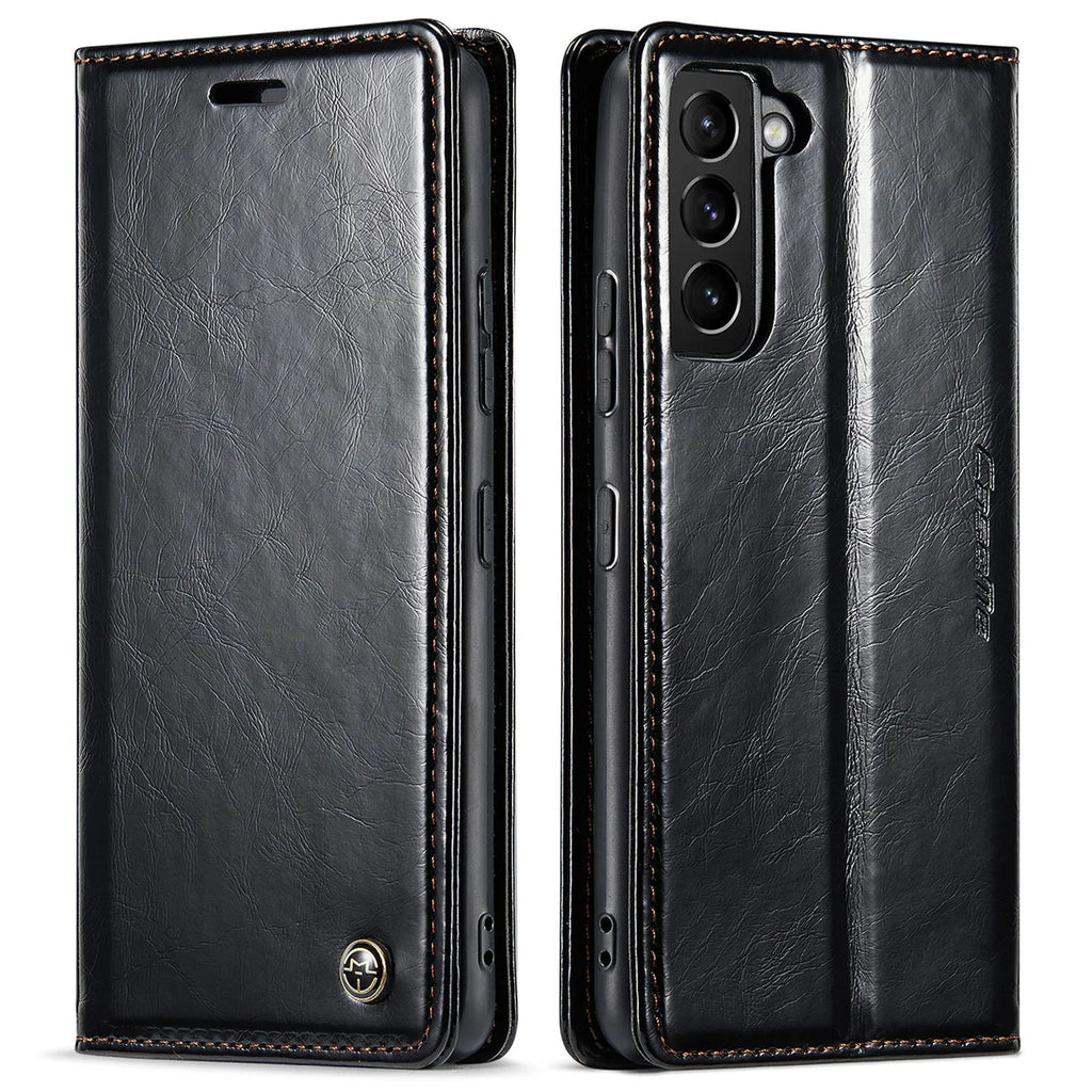 Crazy Horse pattern card flip phone case with magnetic closure for Samsung Galaxy A55, black PC leather finish