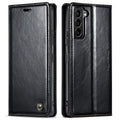 Crazy Horse pattern card flip phone case with magnetic closure for Samsung Galaxy A55, black PC leather finish