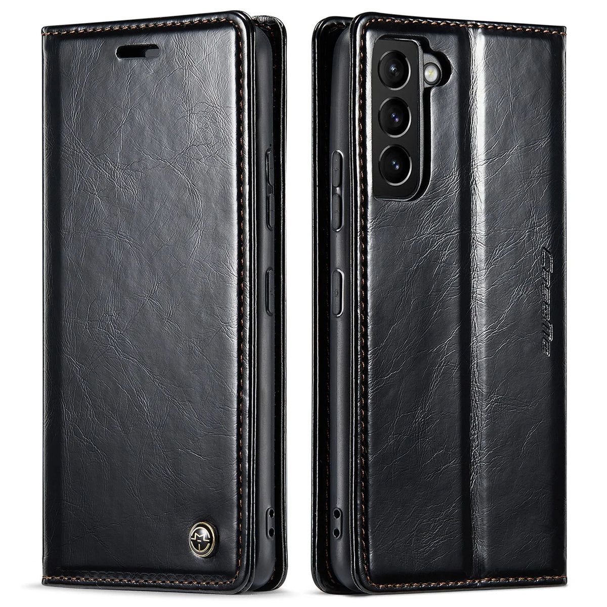 Crazy Horse pattern card flip phone case with magnetic closure for Samsung Galaxy A55, black PC leather finish