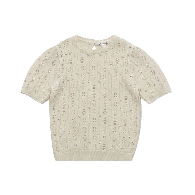 Girls' beige cotton knitted short-sleeved top with checkered shorts two-piece set on child