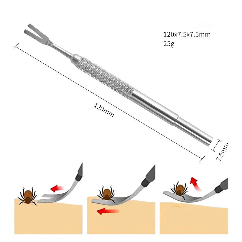 Silver stainless steel tick removal tweezers with fine tips and an ergonomic handle for pets.