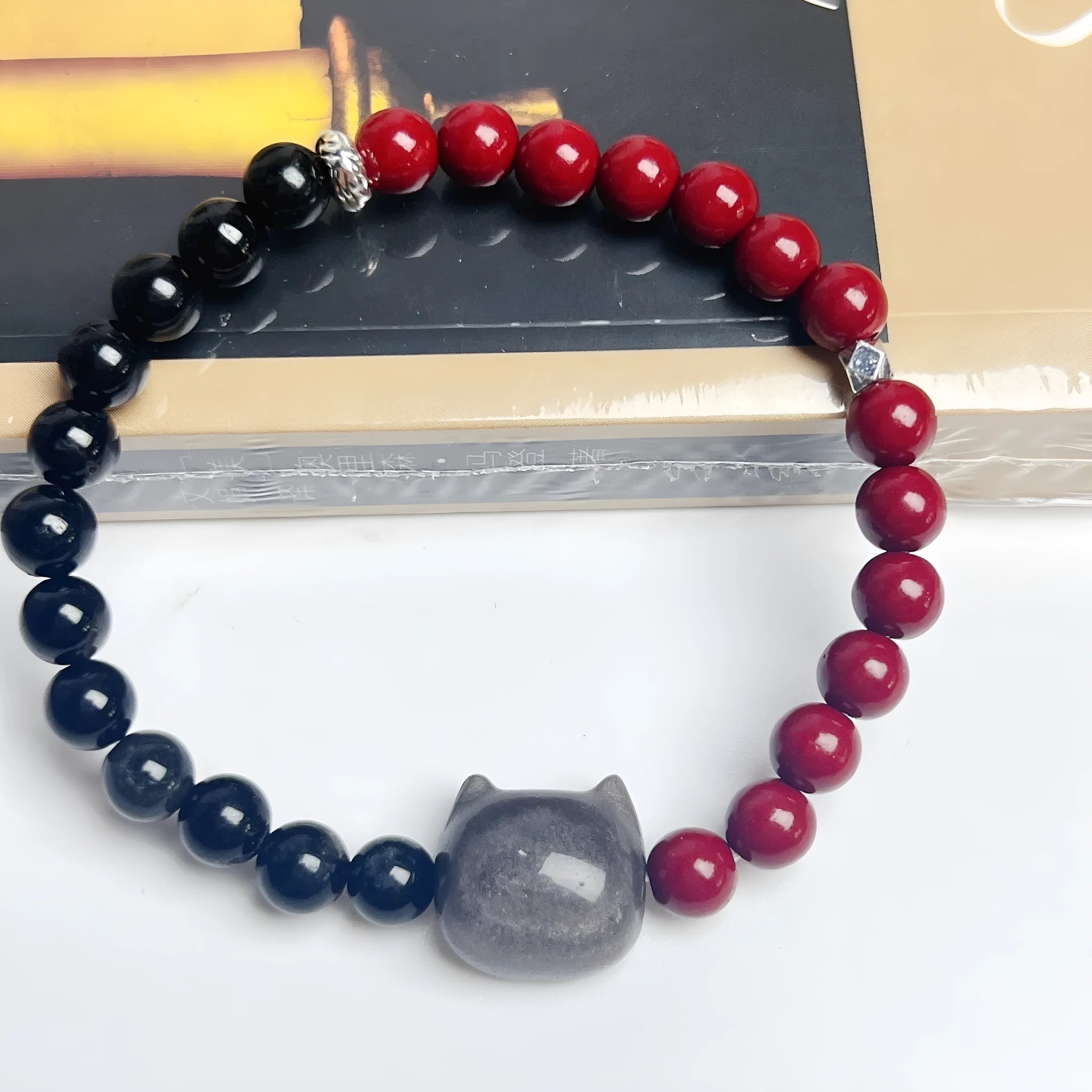 Manual craft colourful obsidian bracelet with cat charm in net red style