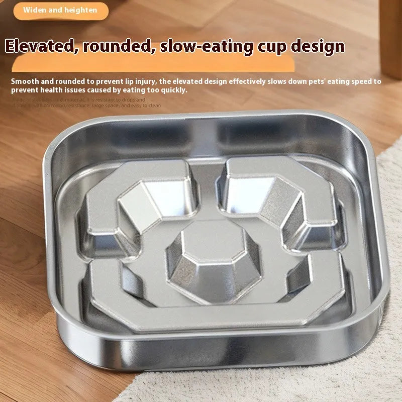 Square stainless steel pet slow feeding bowl for dogs and cats, available in bone square and square model shapes
