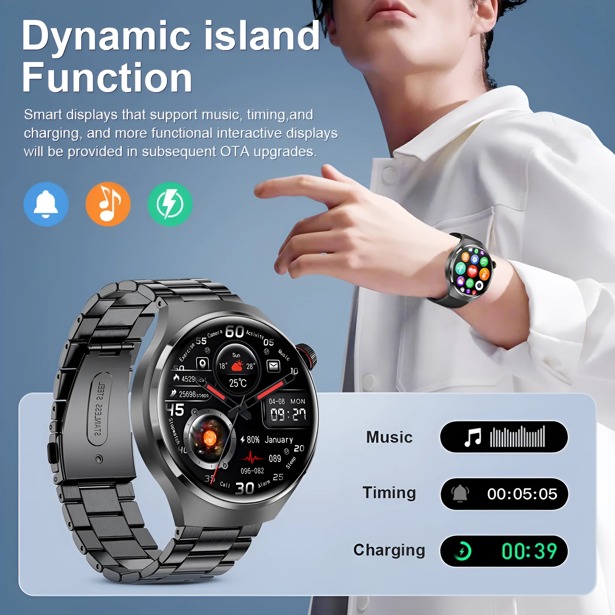 Smart watch with heart rate and blood oxygen monitoring, AMOLED screen, aluminium alloy case, black silicone strap