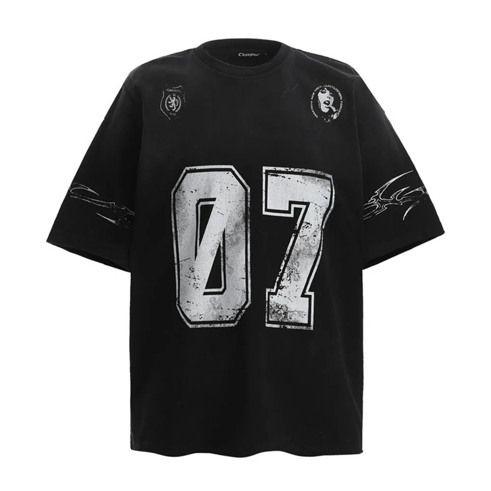 Men's black and white pure cotton printed short-sleeve t-shirt showing Asian size label.