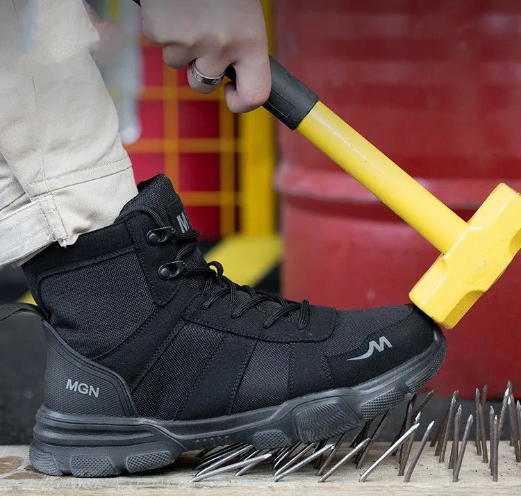 Steel toe anti-smash anti-puncture high top safety shoes in beige and black on white background