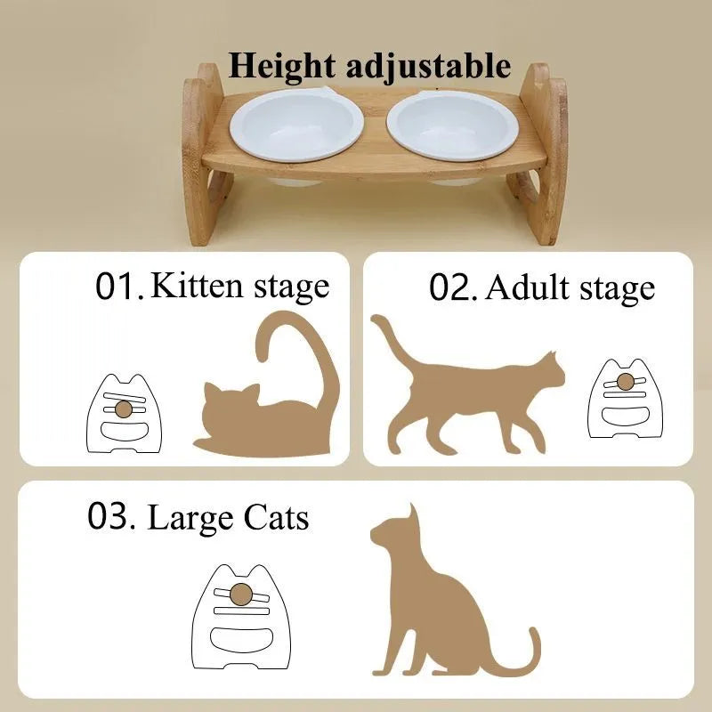 Height adjustable pet bowl with ceramic double bowls on bamboo stand, original wood colour