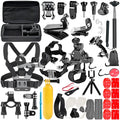 Black GoPro chest mount, helmet mount, and tripod stand accessories kit on a white background.