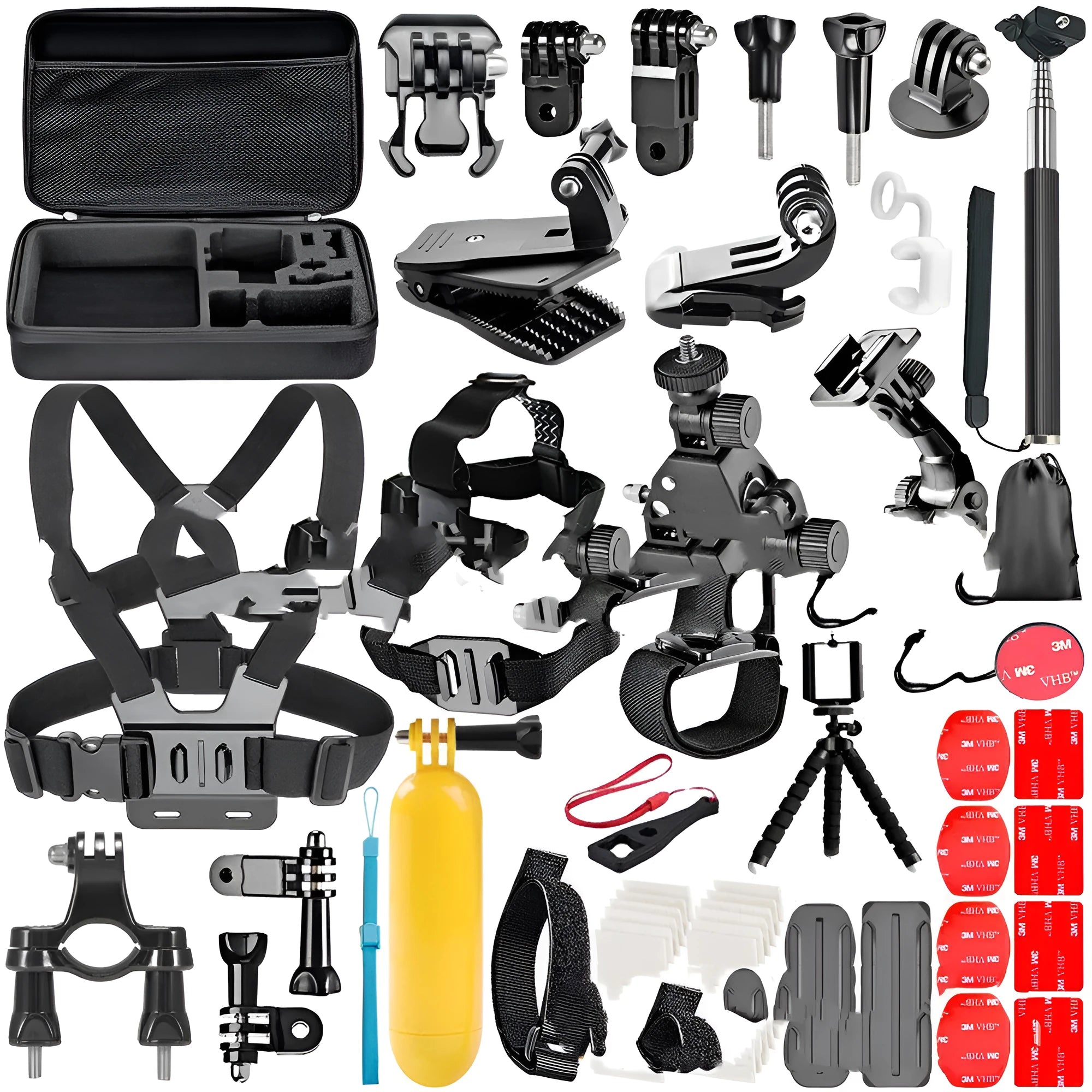 Black GoPro chest mount, helmet mount, and tripod stand accessories kit on a white background.