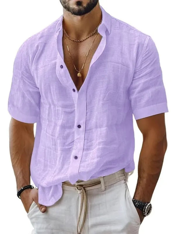 Men's solid colour lapel shirt with short sleeves in cotton linen blend fabric