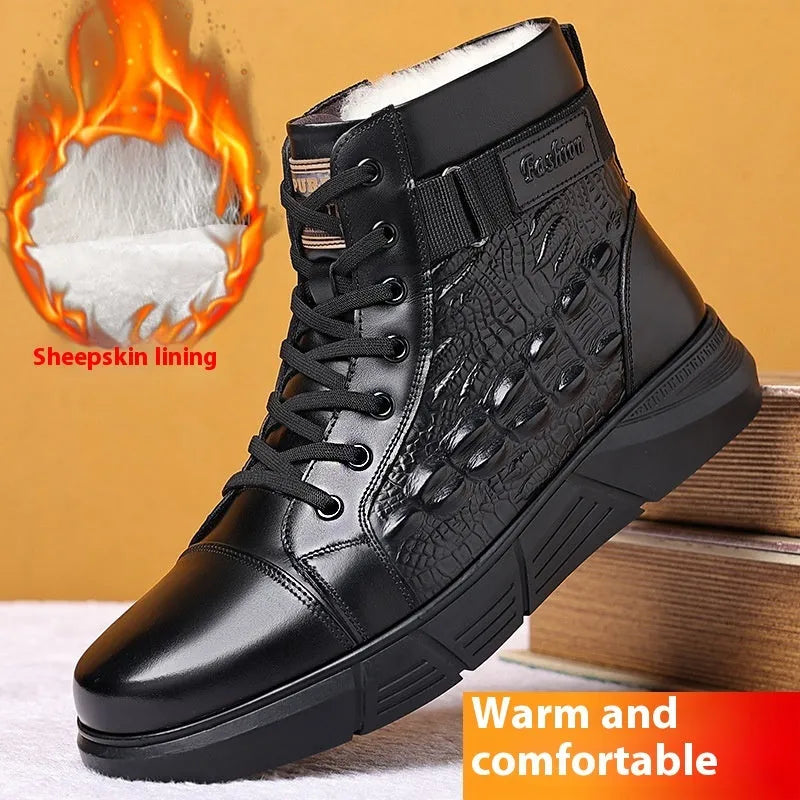 Women's black genuine leather lace-up winter boots with velvet detail and snow cotton lining.