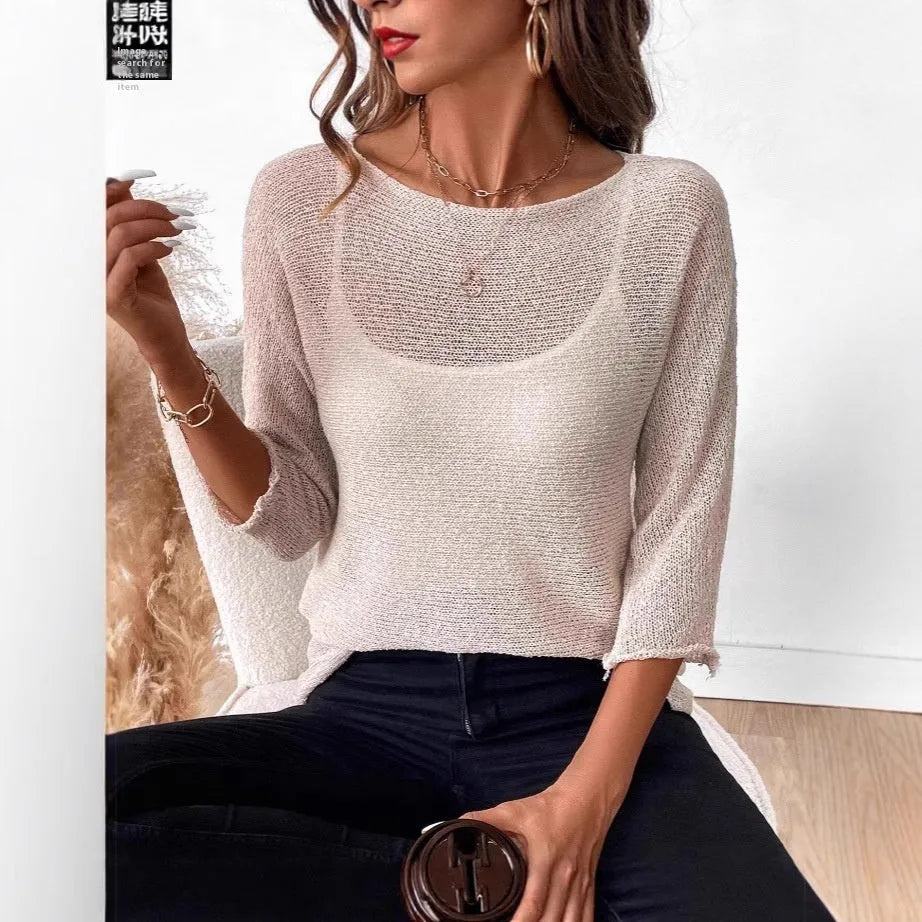 Women's thin knitted off-the-shoulder pullover top in light blue with a 3D pattern.