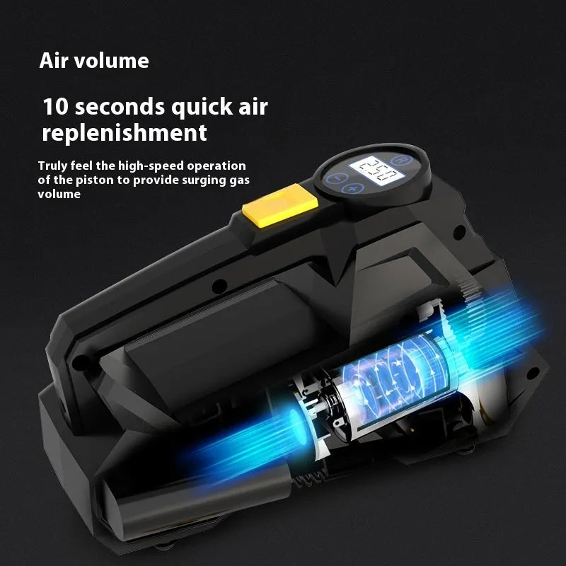 Black vehicle-mounted portable tyre inflator with digital display and LED light on a 12V plug.