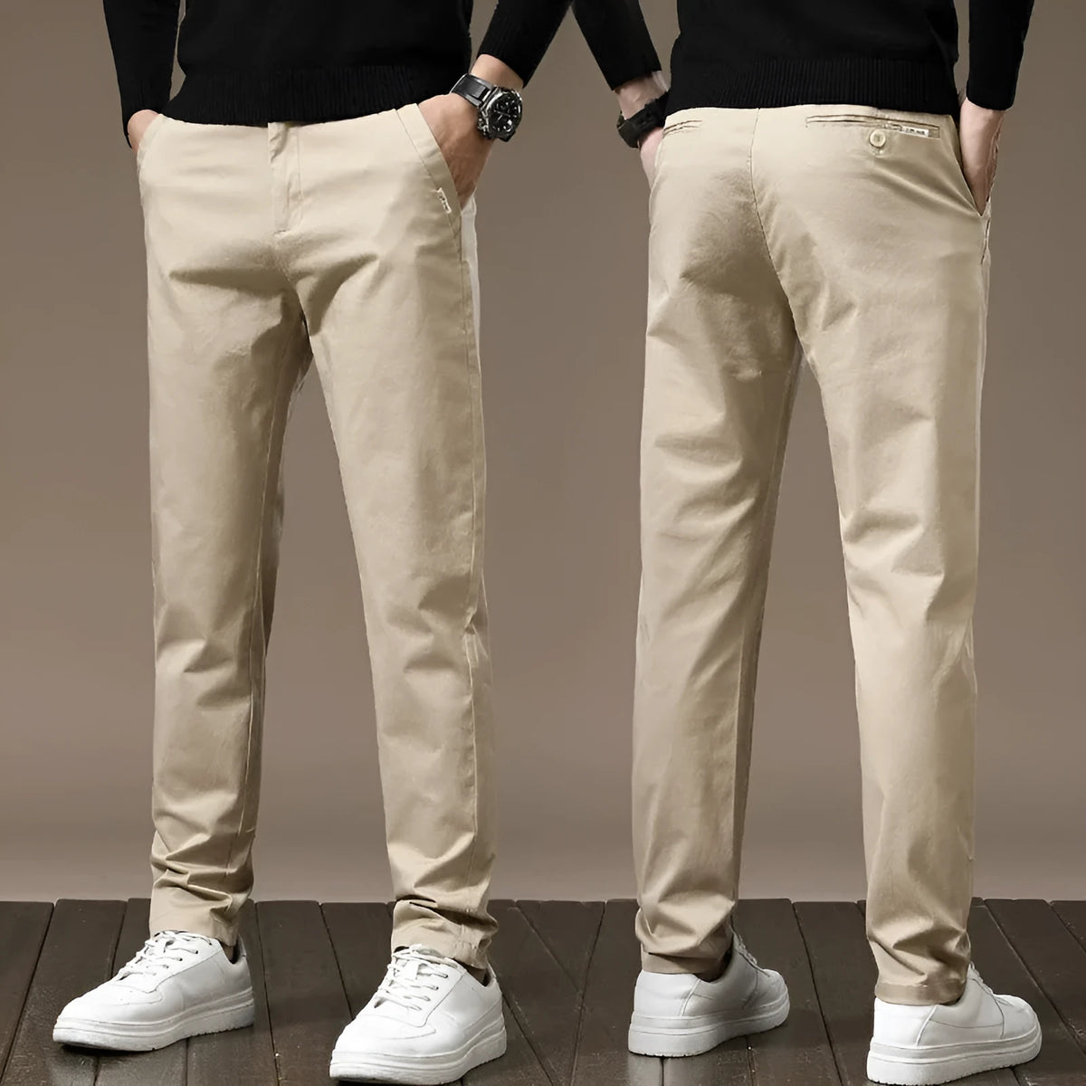 Men's combed cotton light business casual trousers, mid waist, medium elastic, dark grey black khaki grass grey, sizes 28-36