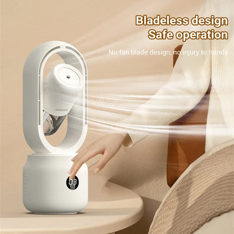 White bladeless table fan with water tank humidifier and digital control panel.