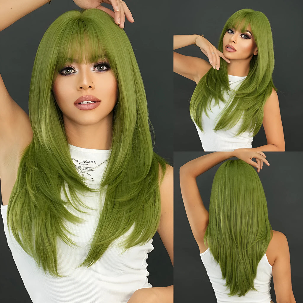 Long straight vanilla green women's wig with full bangs, 63cm length.