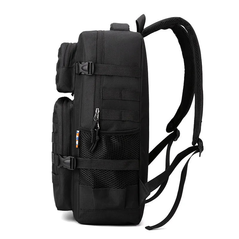 Large outdoor mountaineering backpack in camouflage pattern with curved shoulder straps