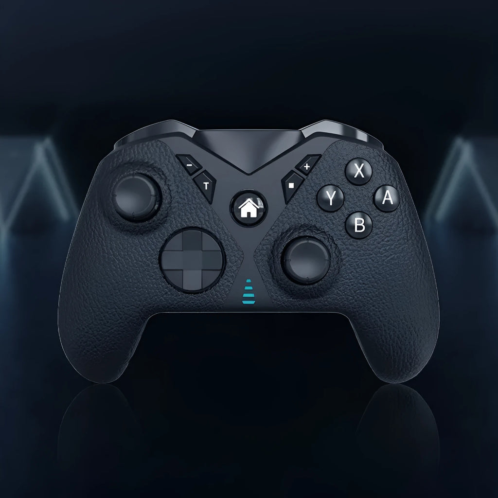 Black wireless game controller with leather pattern for Nintendo Switch and mobile phones.