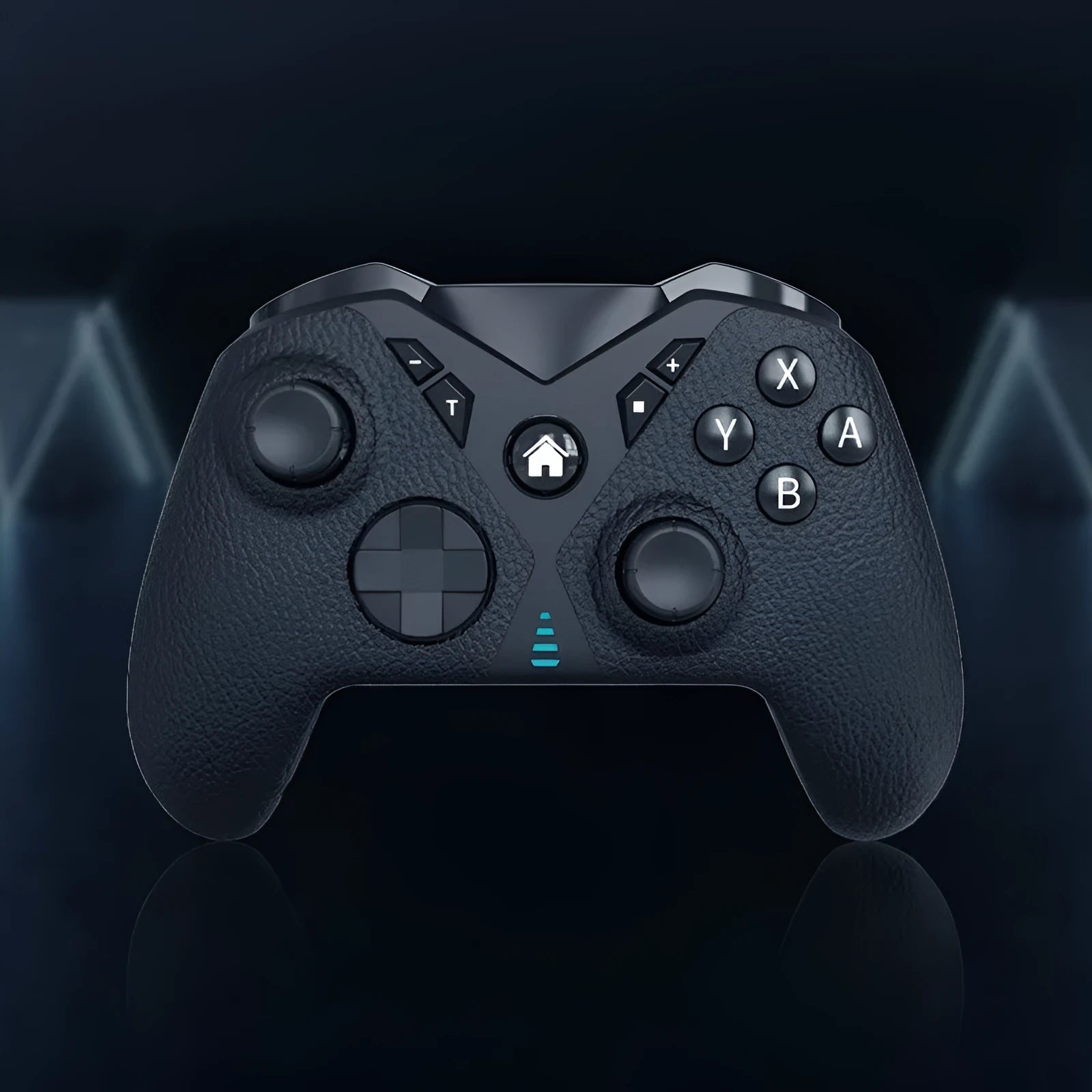 Black wireless game controller with leather pattern for Nintendo Switch and mobile phones.