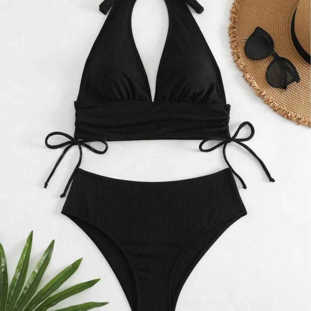 Black lace-up halter bikini set with triangle top and high-waisted briefs
