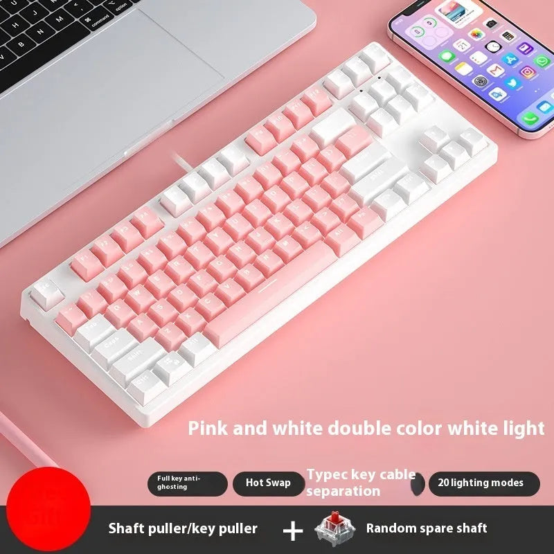 87-key wired mechanical gaming keyboard with hot-swappable switches in dual-colour keycap configuration