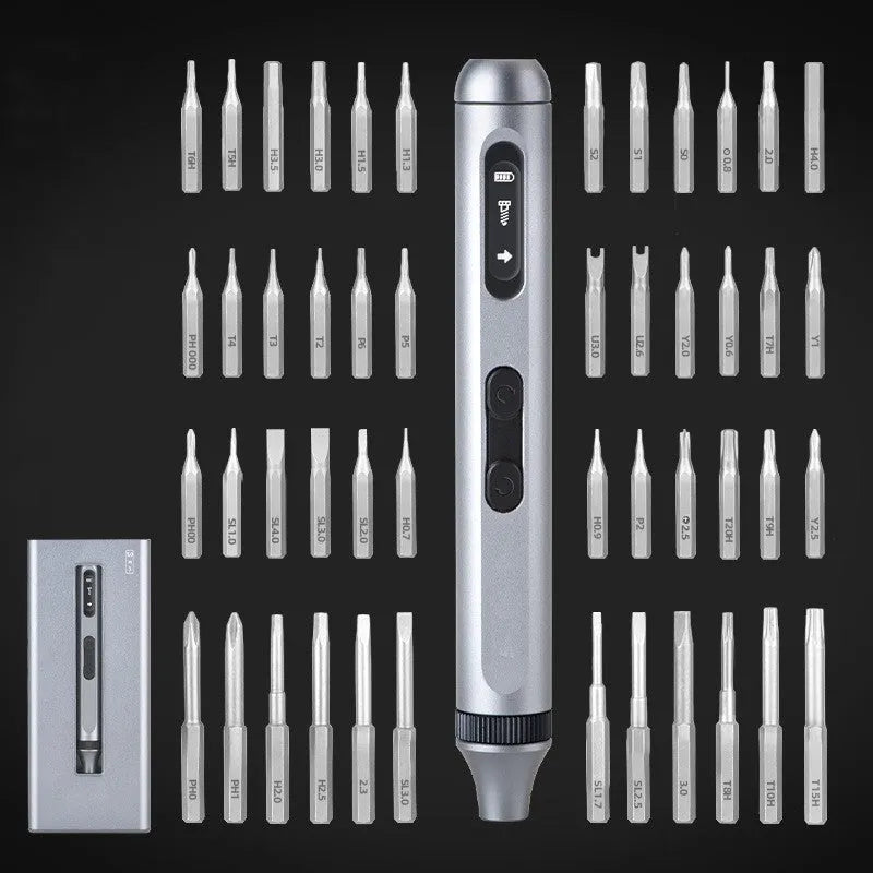 Compact aluminium electric screwdriver showing precision tip and lightweight 52g construction