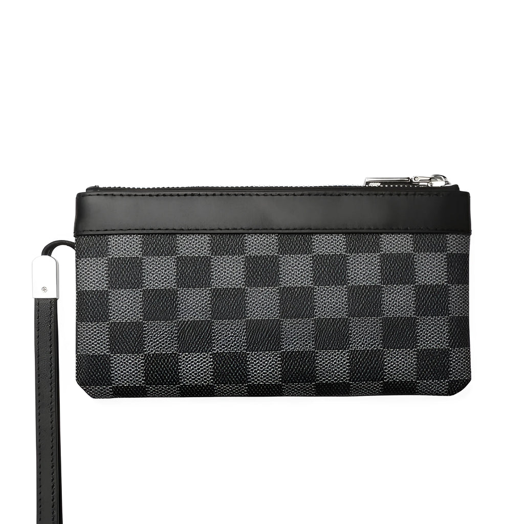 Black genuine cowhide leather men's clutch wallet showing its 20x10 cm size.