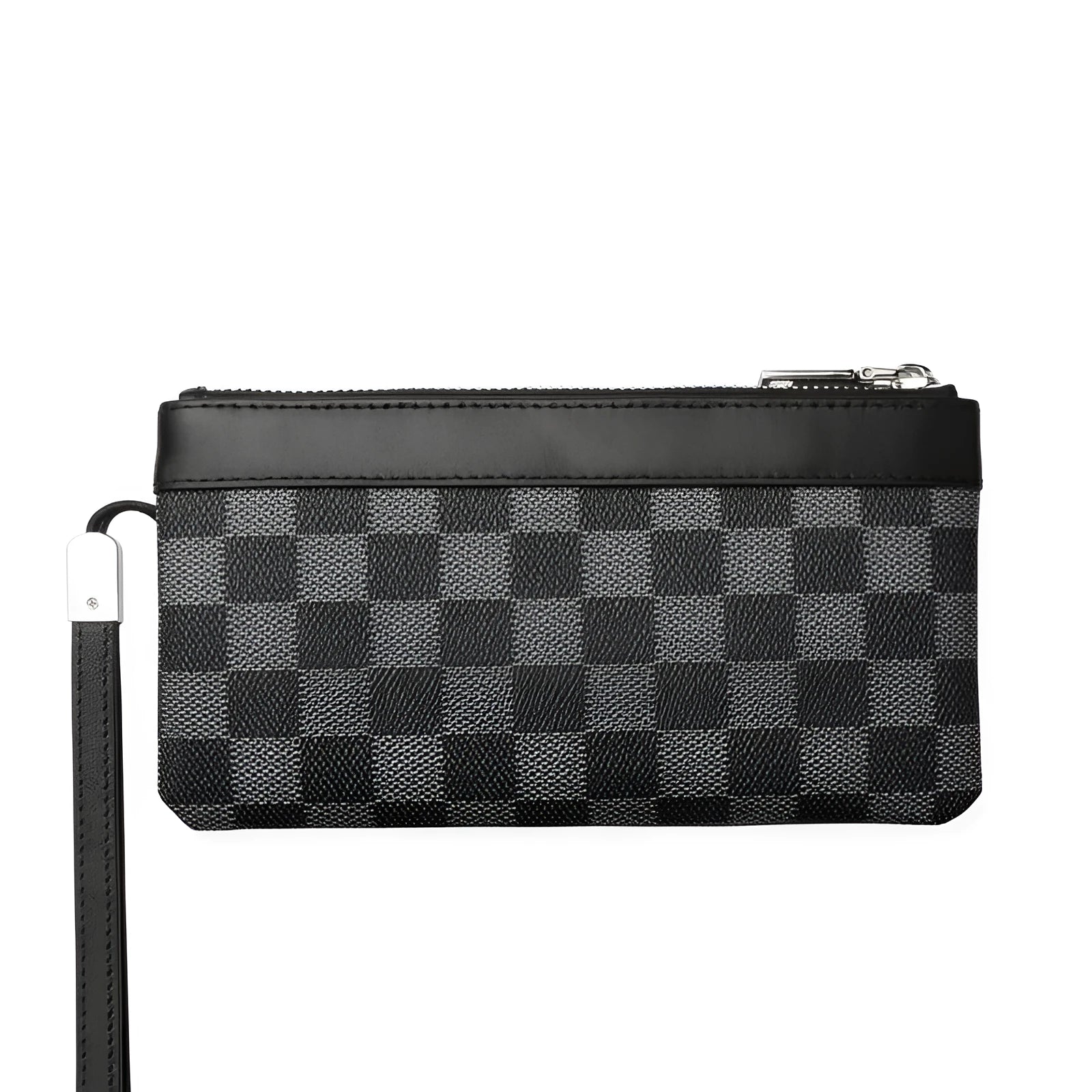 Black genuine cowhide leather men's clutch wallet showing its 20x10 cm size.