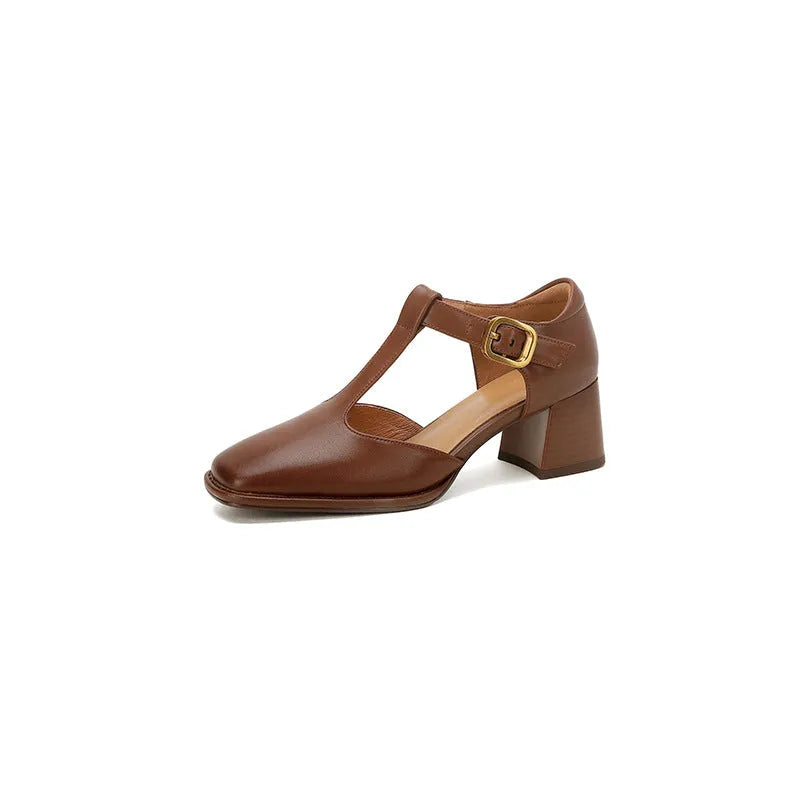 Women's square toe T-buckle hollow sandals in black, high heel 6-8cm, leather upper