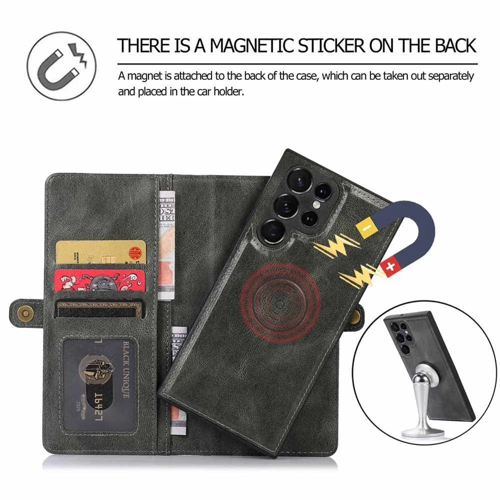 Multi-card leather crazy horse pattern magnetic suction phone case for Samsung with card slots and lanyard, black colour