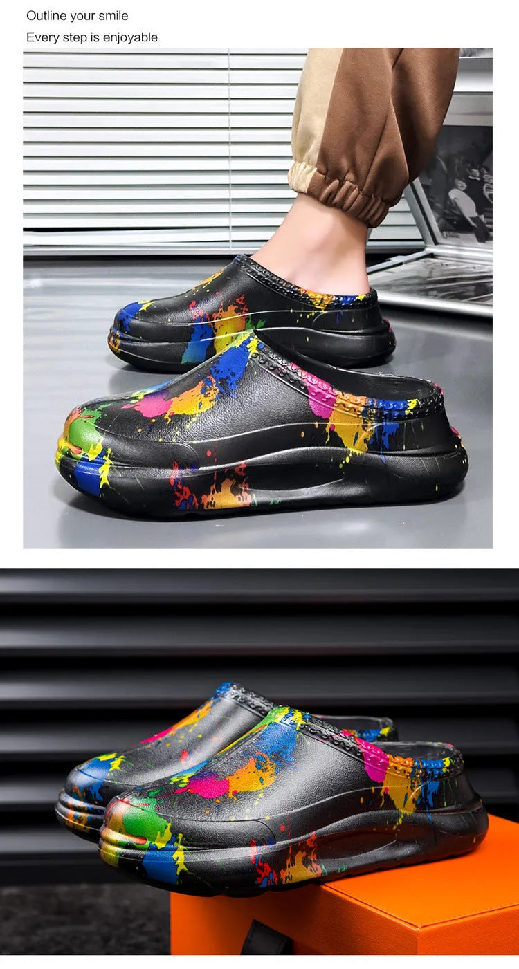 Men's black EVA toe cap work slippers on a grey background, showing the platform sole and grape particles tread.