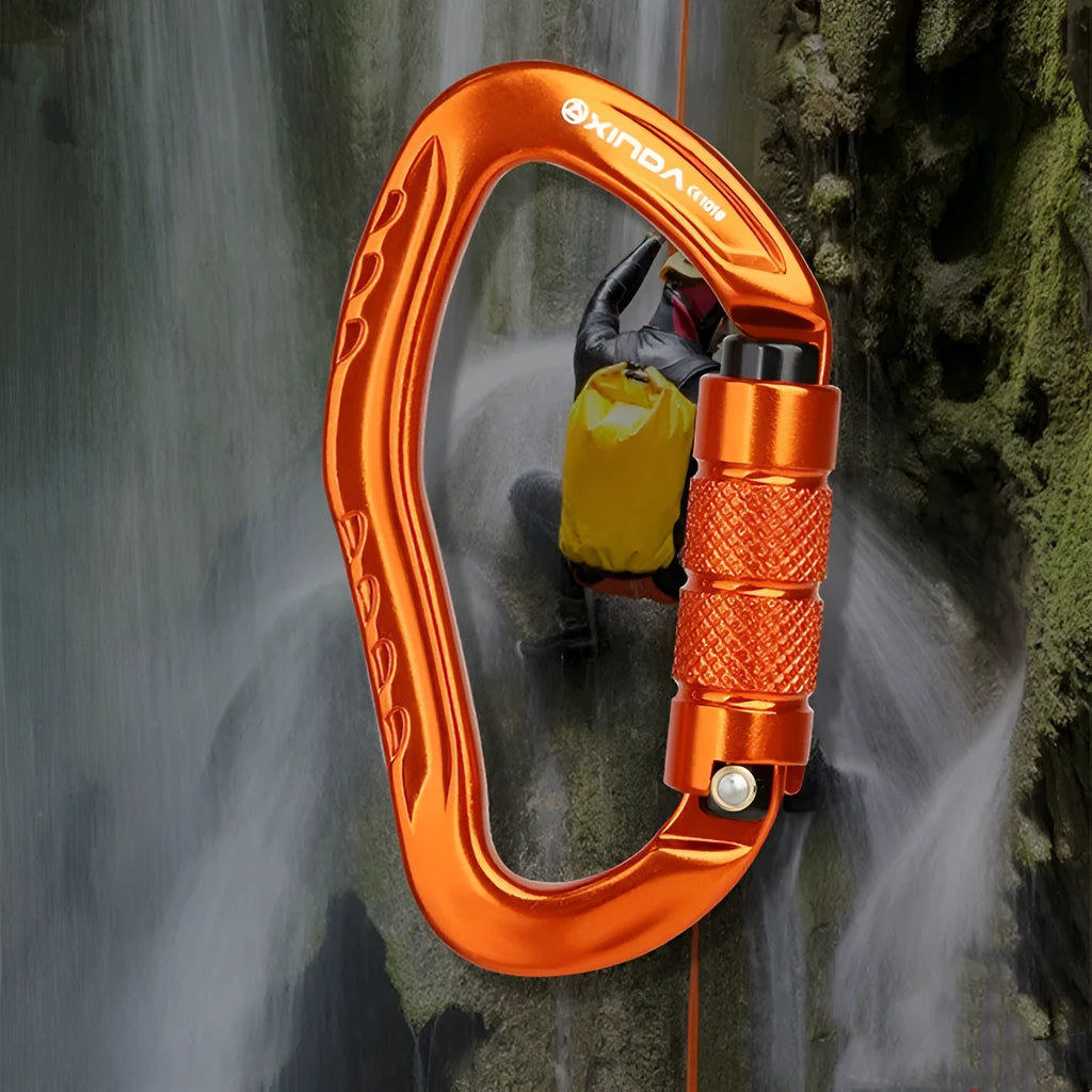 Climbing carabiner with automatic master lock in black, blue, orange, red, and silver colour options.