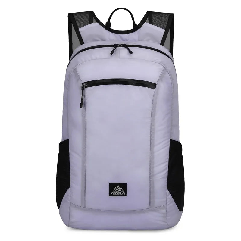 AZELA Lightweight Hiking Backpack in White with multiple pockets and breathable mesh straps for outdoor travel