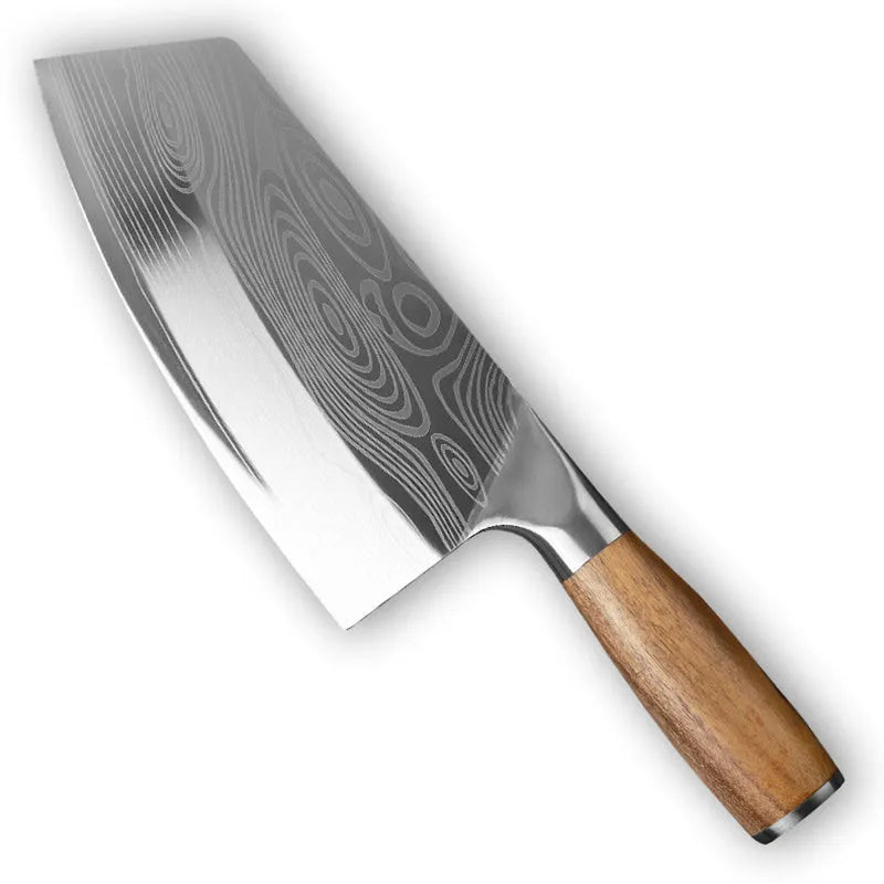 320mm long stainless steel kitchen knife with a sharp blade on a kitchen counter.