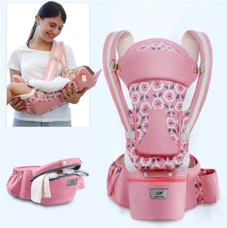 Baby waist stool carrier in blue with breathable mesh, adjustable waistband 71-110cm, cotton fabric
