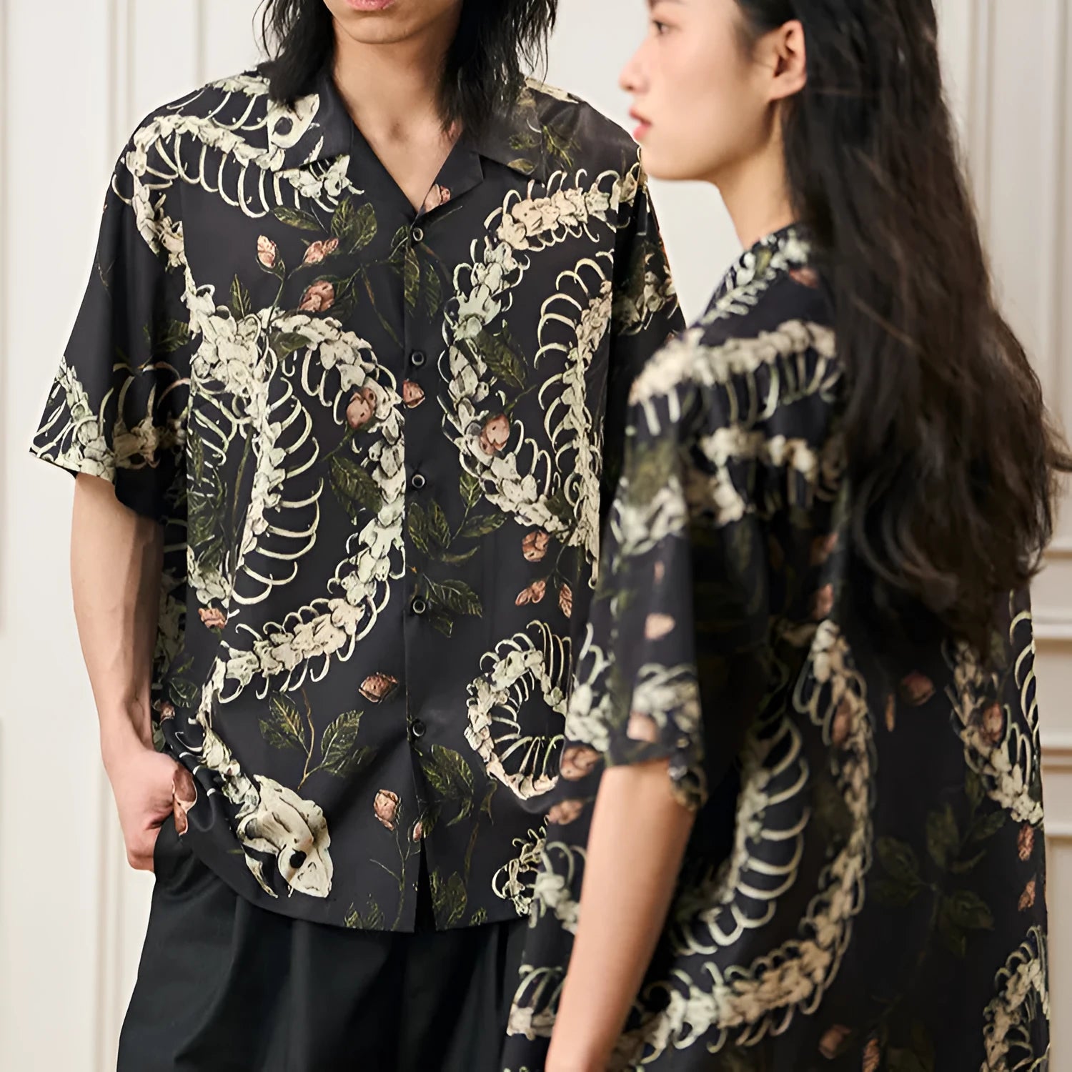 Short sleeve loose fit Cuban collar shirt with a printed snake bone pattern design in a colour option.
