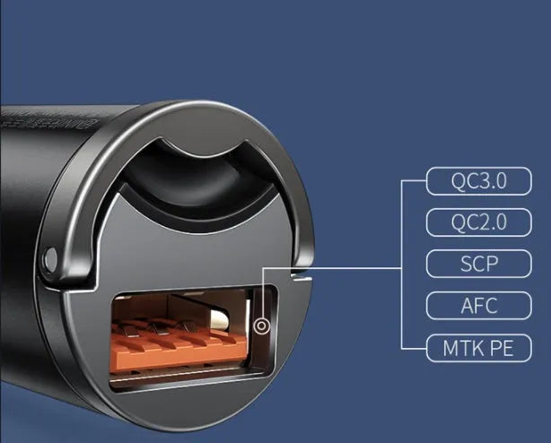 Electro‑optical grey Baseus 30W PPS fast car charger with 1‑metre USB cable.
