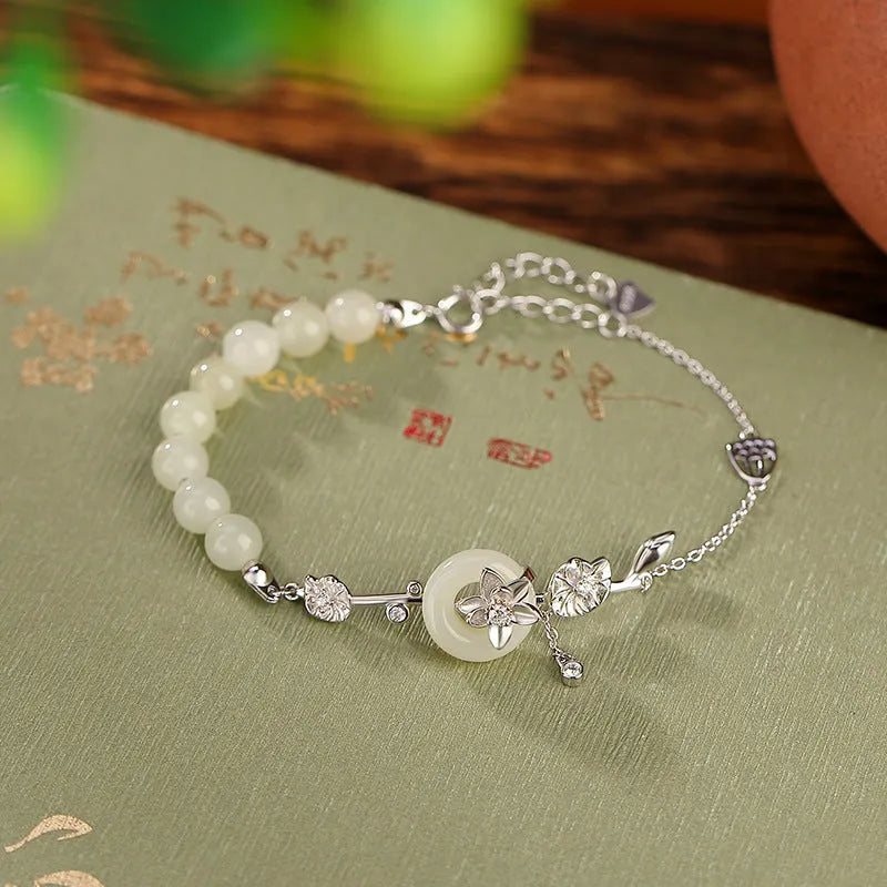 Hetian jade and 925 silver peace buckle bracelet with auspicious patterns in antique retro style