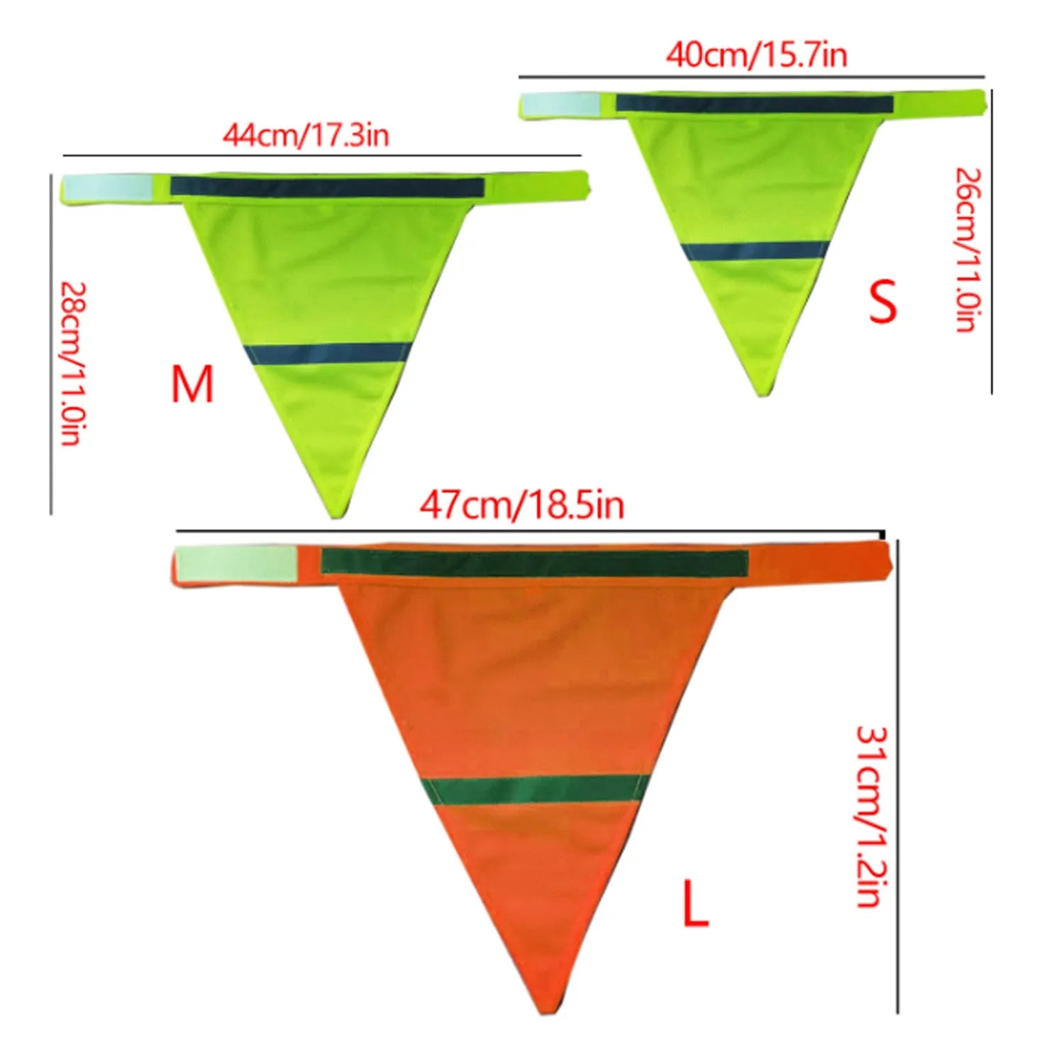 Yellow and orange reflective triangular dog bandana with adhesive strap on a dog's neck.