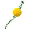 Corn-shaped dog chew toys in yellow and green with rope knots and a yellow ball for small to medium dogs