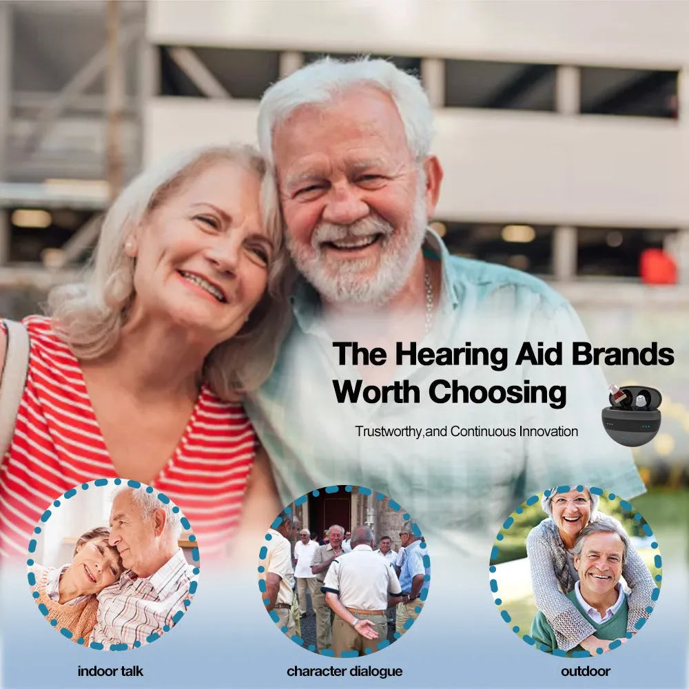 C700 digital in-ear hearing amplifier in red or blue with charging box and accessories