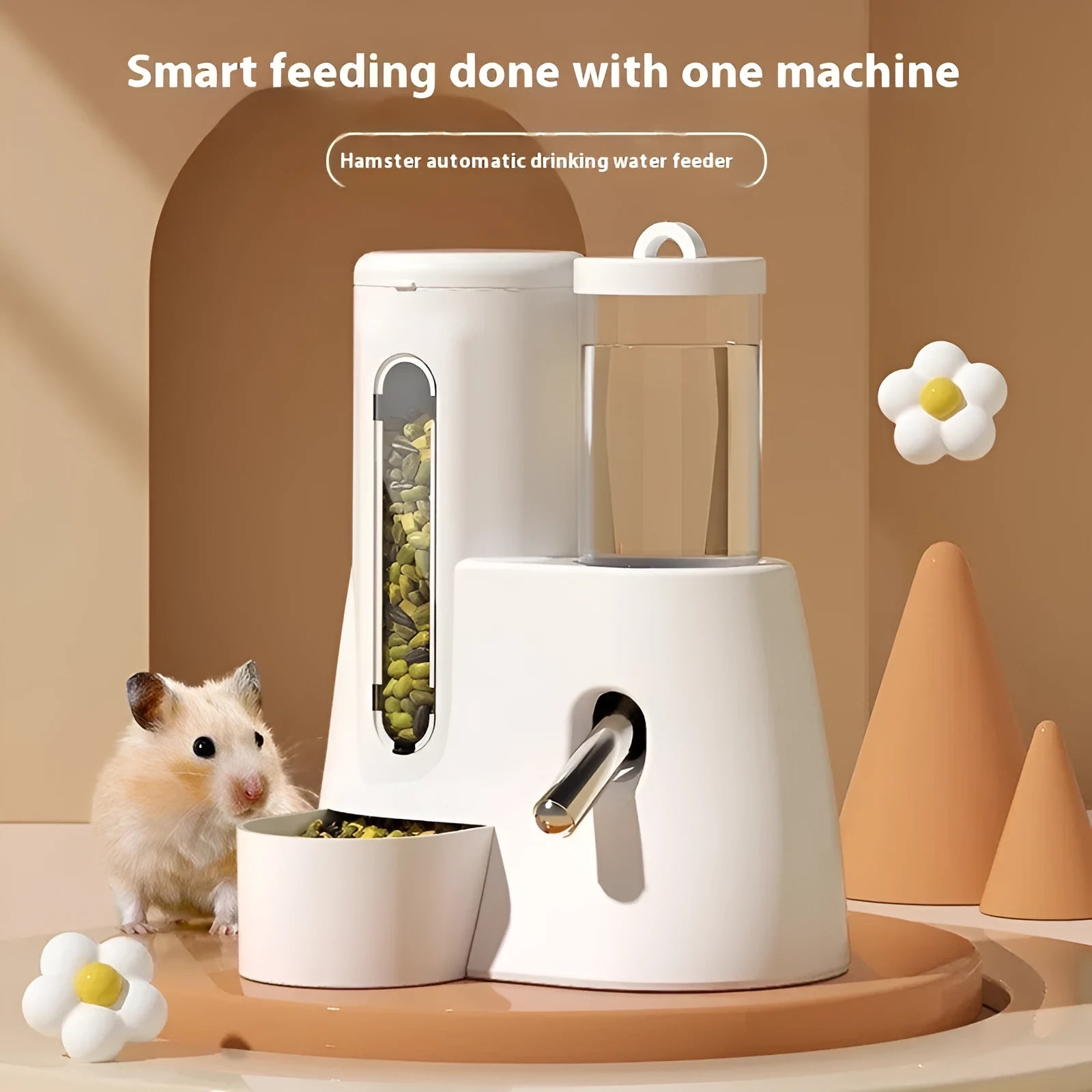White, blue, and pink plastic hamster automatic drinking water feeder and food basin set.