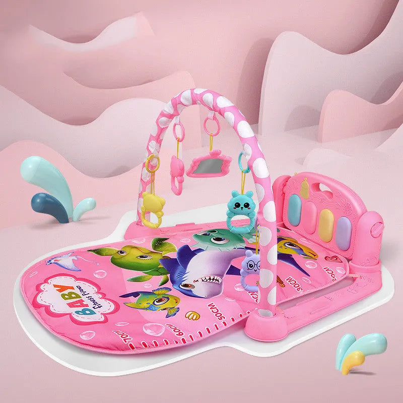 Baby fitness frame pedal piano activity gym toy for infants with animal-themed design in blue or pink colours