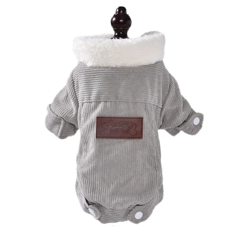 A grey lambswool vest for dogs with fleece lining, shown on a mannequin.