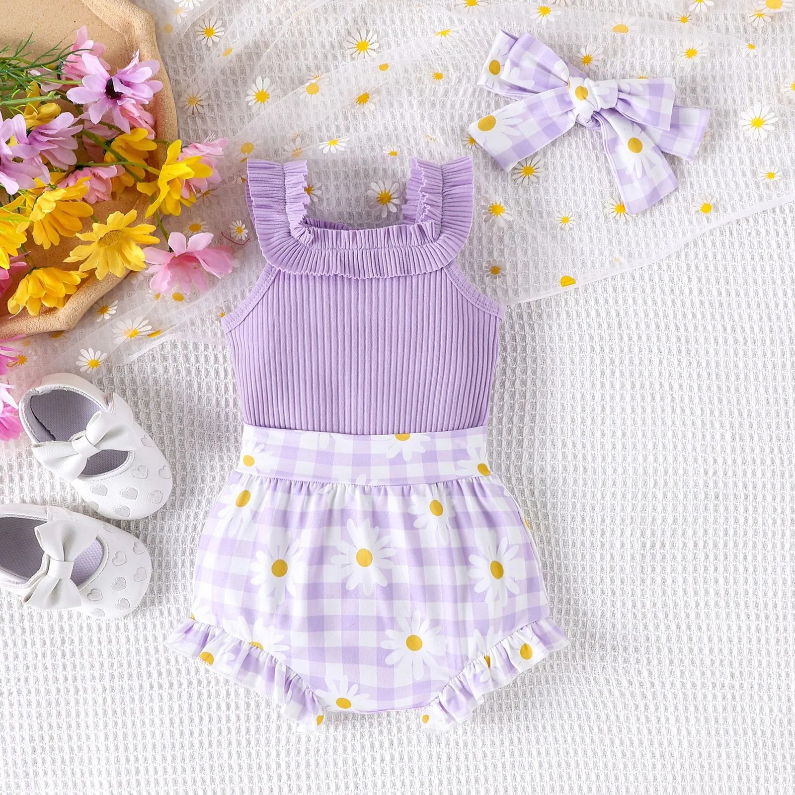 Cotton sunken stripe sling romper two-piece set for baby girls in violet and sky blue