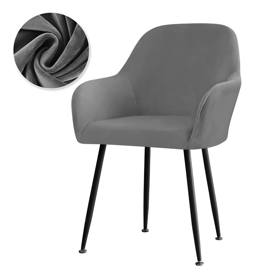 Velvet stretch dining chair cover for high armrest chairs, plush fabric, shown in one of 19 colours