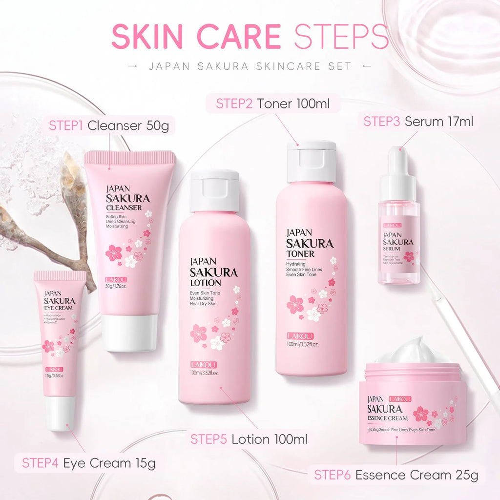 Cherry blossom facial care 6-piece set showing cleanser, toner, moisturiser, serum, eye cream and essence cream